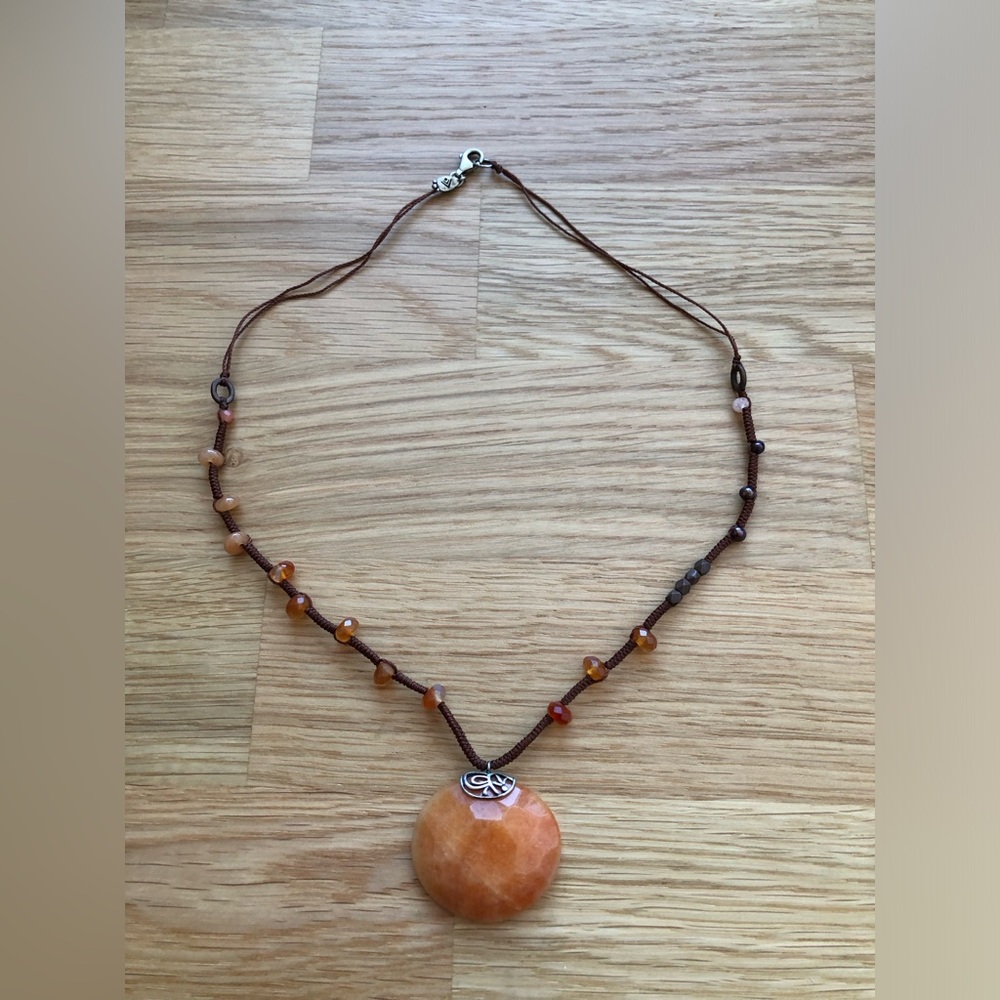 Silpada Moroccan Sunset Orange Beaded Pendant Brown Silk Medallian Cord Necklace